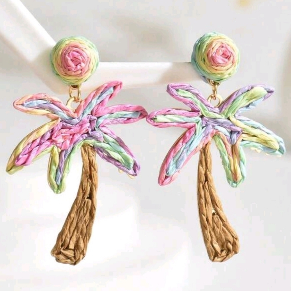 Colorful Palm Tree  Rafia Earrings
